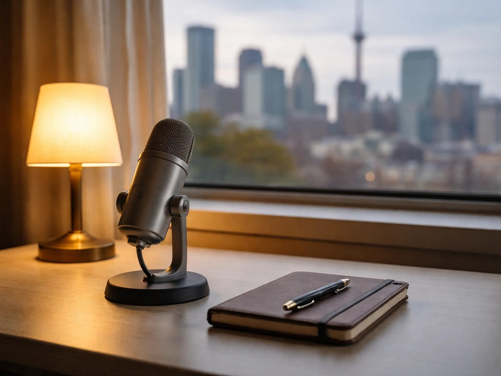 Empty podcast studio desk with microphone, notebook, and a blurred city skyline suggesting media wealth analysis