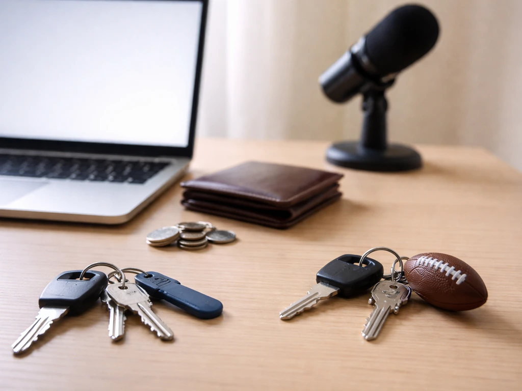 Minimal desk scene with laptop, microphone, wallet and coins, symbolizing comparing two Anton Petrov identities.