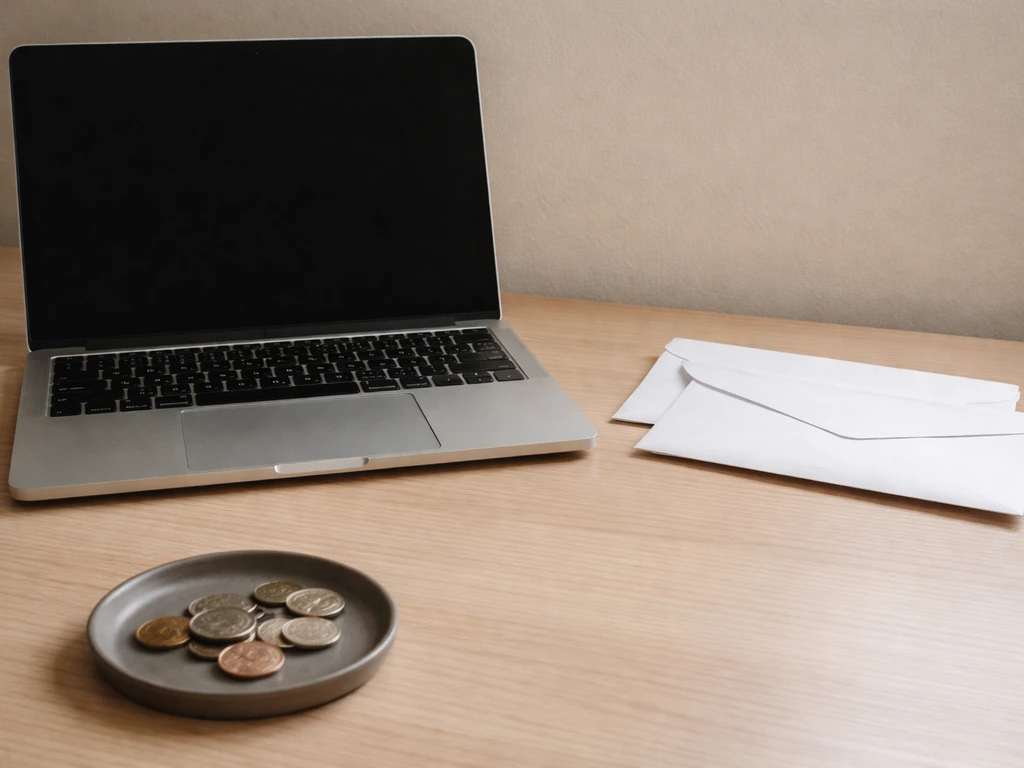 Minimal desk scene with a laptop and two stacked envelopes, suggesting competing money-range estimates.