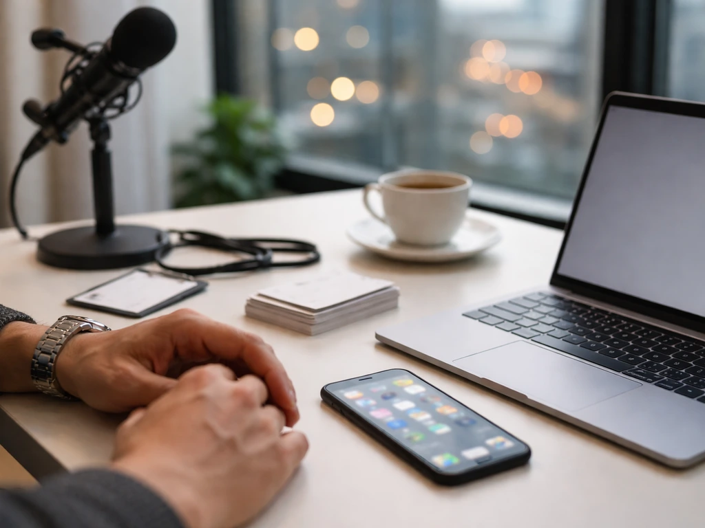 Minimal photo of a marketing entrepreneur-style desk with laptop, coffee, and social-media era props