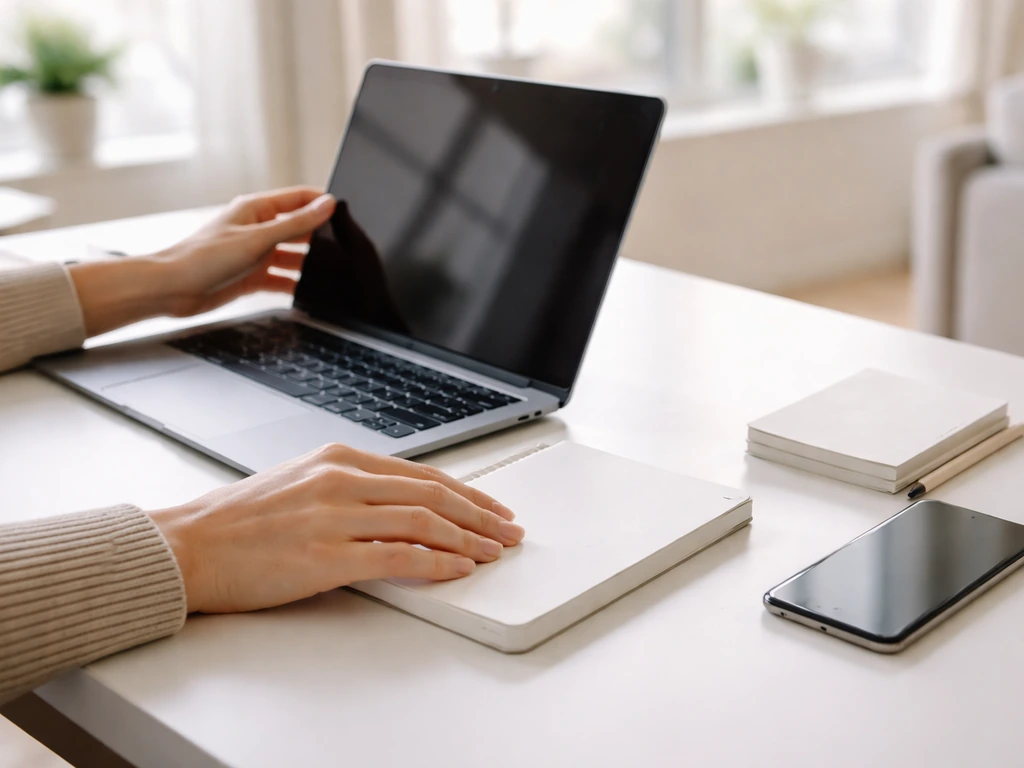 Minimal office scene with a single desk, laptop, and a smartphone beside a notebook, ready for branded content work.