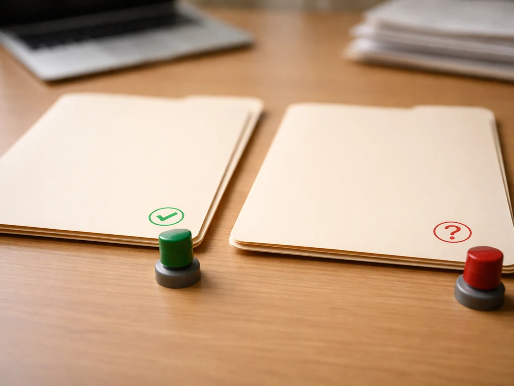 Minimal desk scene with two folders marked by green check and red question icons, suggesting verified vs speculation.