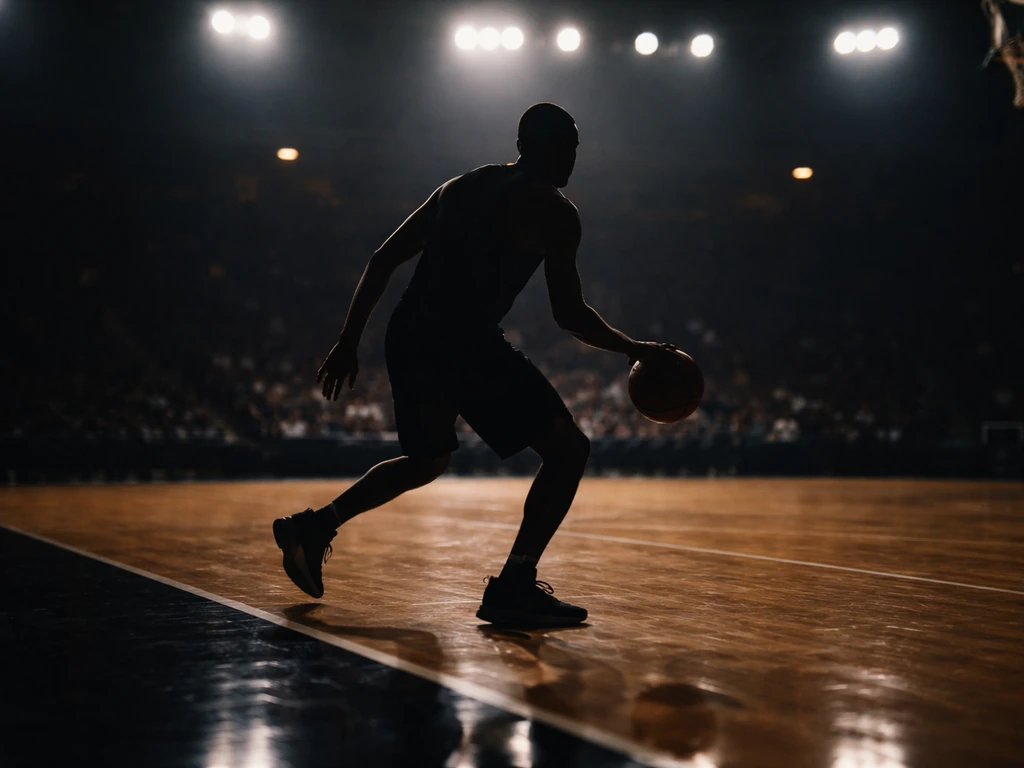 Basketball-themed NBA arena scene with a lone player silhouette near the court lights, no recognizable likeness.