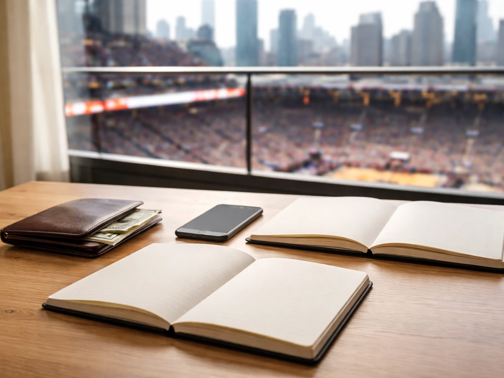 Minimal desk with wallet and cash, with blurred sports arena and city skyline in the background.