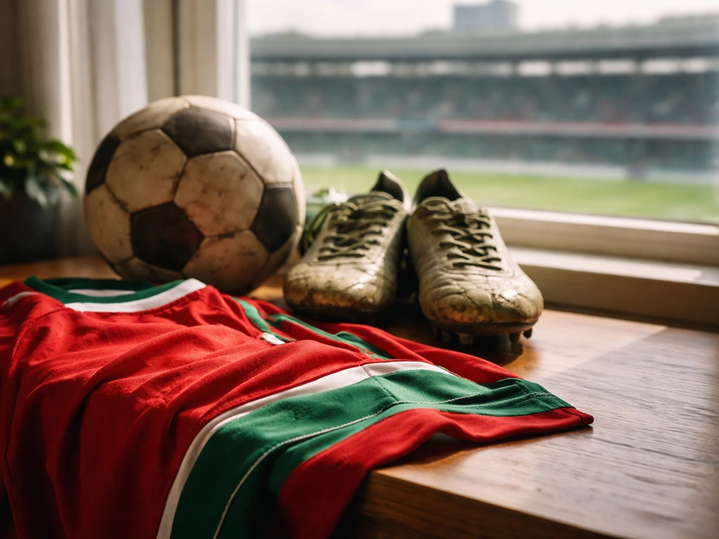 Close-up of a red-and-green football jersey on a desk with cleats and a ball, blurred stadium backdrop.