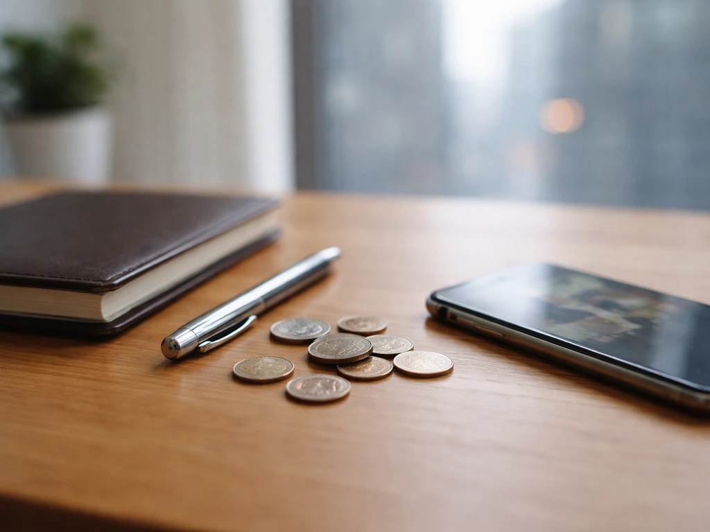 Minimal photo of a desk with a smartphone showing a blurred money-related scene, symbolizing net worth range.