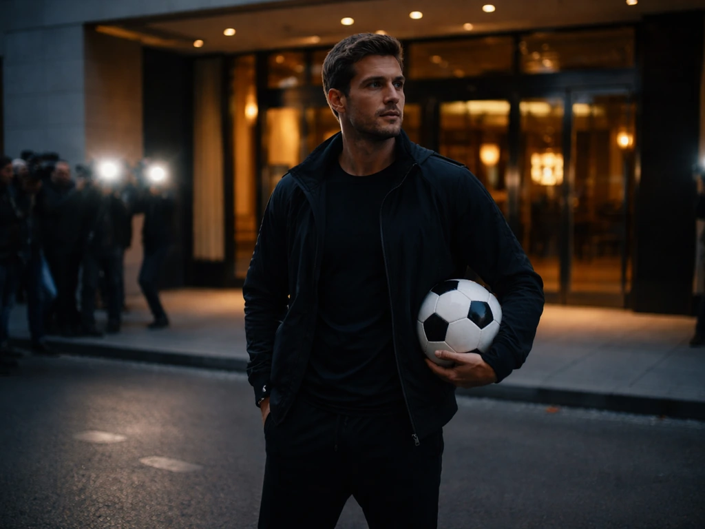Anonymous paparazzi-style street scene outside a hotel entrance with a footballer in casual media-ready attire