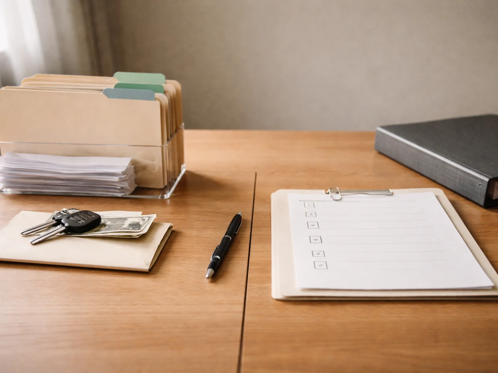 Minimal desk scene with neatly arranged folders, cash envelope, and a blank checklist for assets vs liabilities