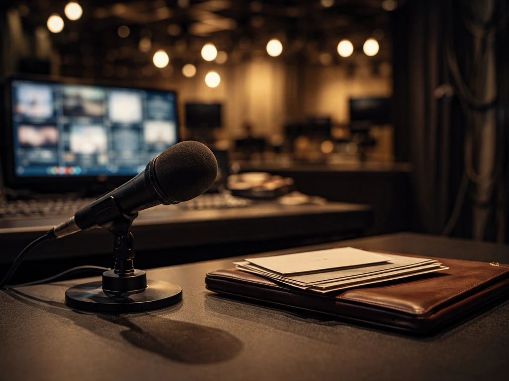 Moody TV studio desk with microphone and portfolio, cinematic lighting suggesting media and earnings analysis.