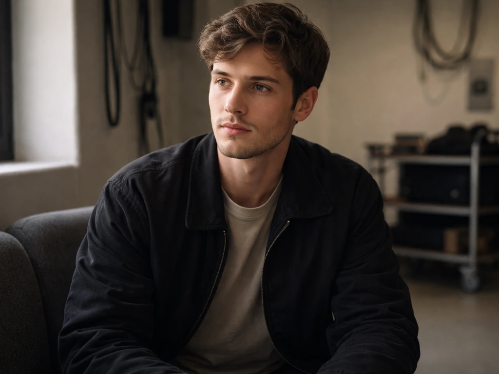 Anonymous actor-style man in a quiet studio waiting area, softly lit by a window