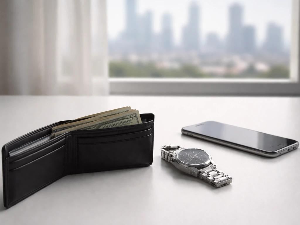 Minimal office desk with cash, a watch, and a blurred skyline, symbolizing net worth range and career-driven change