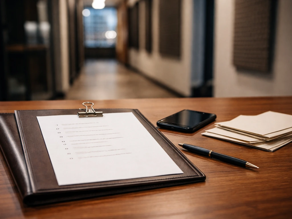 Minimal office desk scene with a checklist sheet and finance/media verification tools, no readable text.