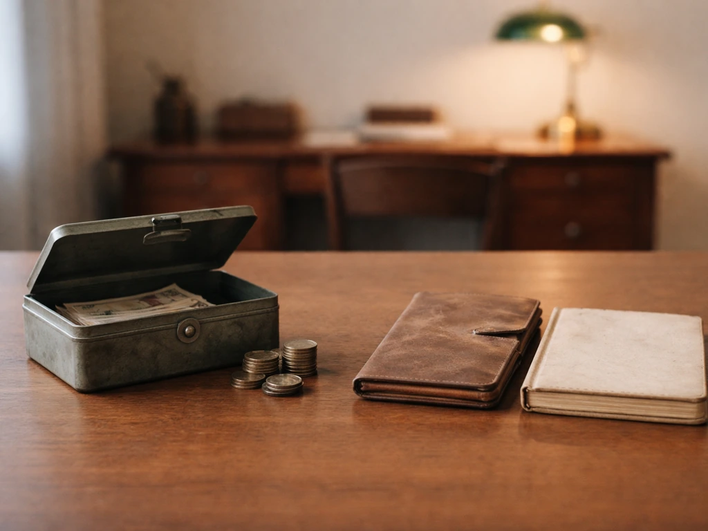 Minimal photo of a vintage desk with an envelope, coins, and a ledger-style notebook beside a cash box