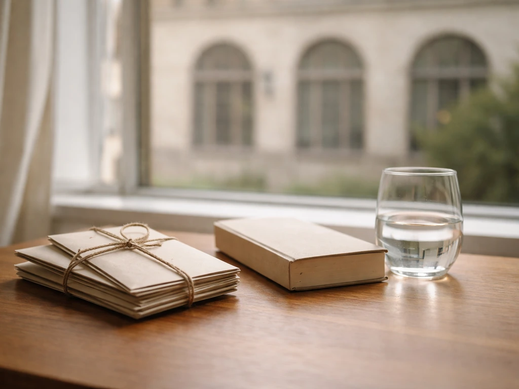 Small table with Russian-style envelopes and a closed book beside a window, suggesting media and family wealth claims