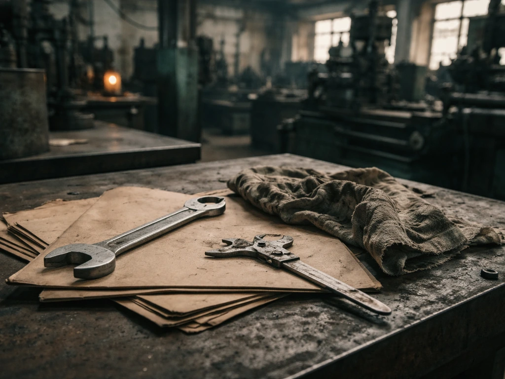 Soviet-era factory workbench with tools and worn documents, symbolizing career and finances