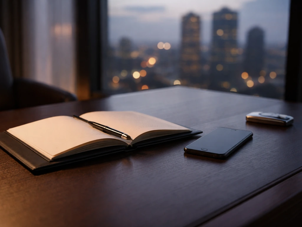 Luxury office desk with business documents, a smartphone, and blurred city skyline at dusk.
