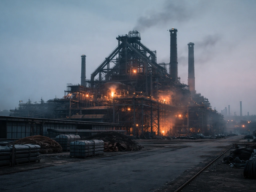 Minimal steel plant scene with large structures, faint steam, and industrial atmosphere at dusk.