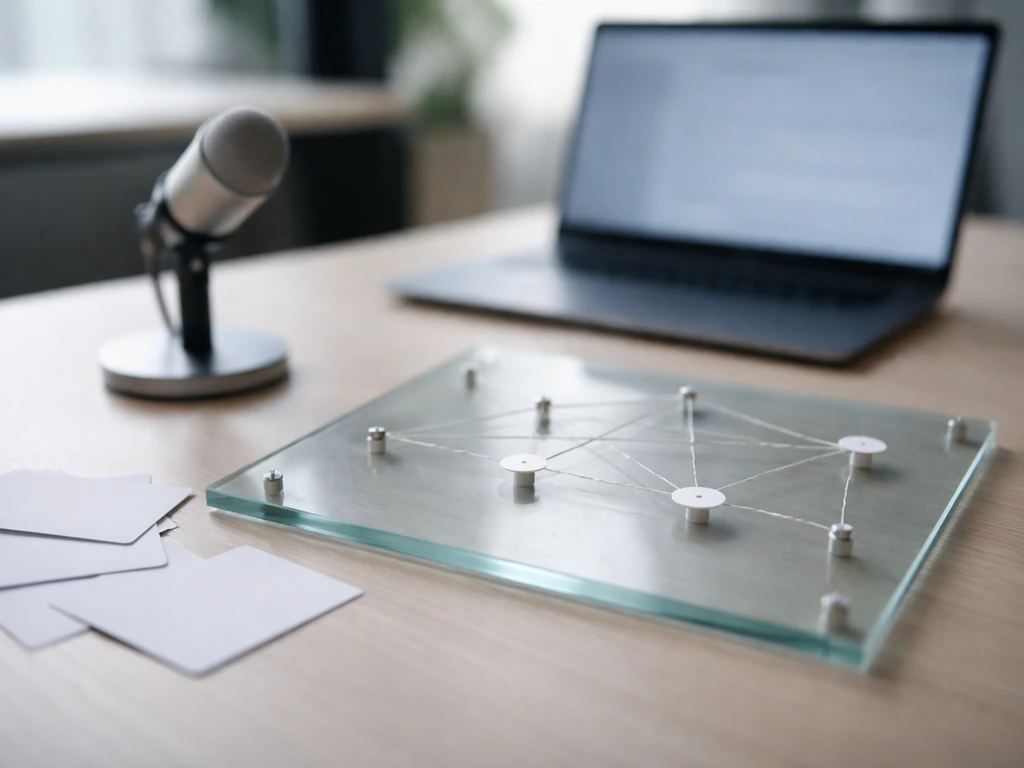 Minimal office desk with translucent strings on a glass board suggesting network connections, laptop and microphone blur