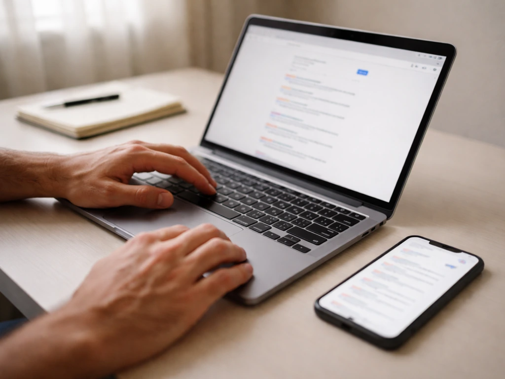 Person reviewing public records on a laptop with smartphone nearby in a quiet office setting.