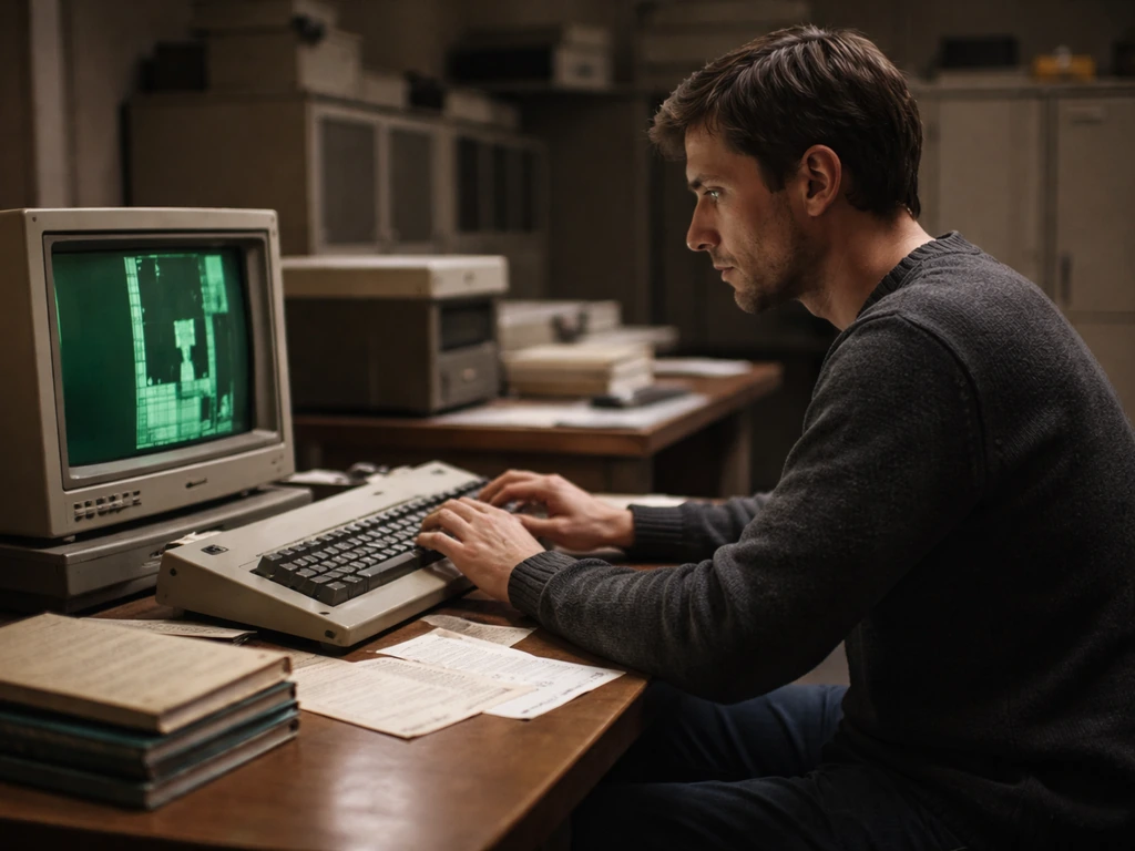 Anonymous programmer at a vintage CRT workstation in an old computer room, evoking Tetris’s creation era.