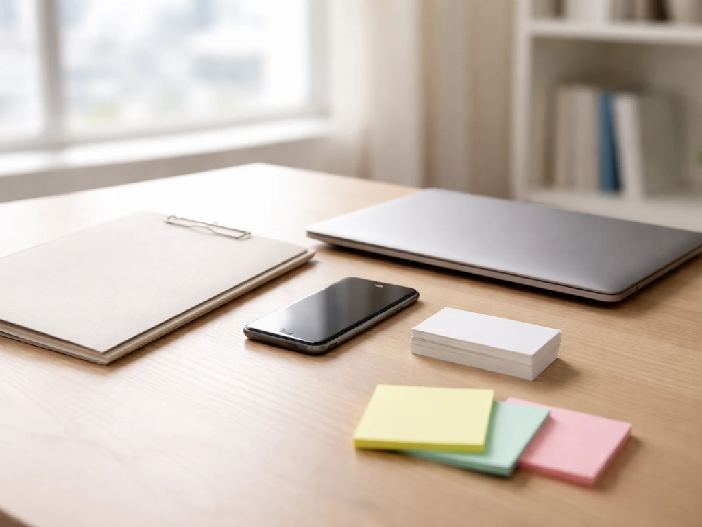Minimal desk scene with laptop, blank contract folder, smartphone, and sticky notes suggesting assembling sources