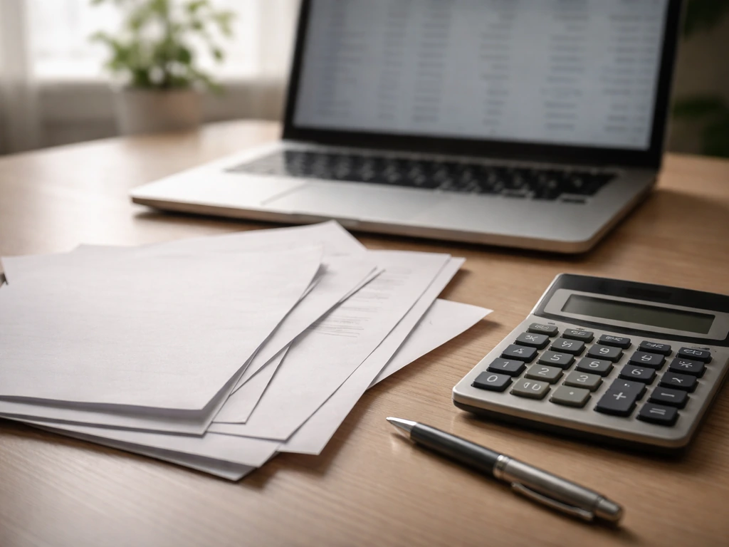 Minimal desk scene with scattered papers, calculator, and a laptop showing blurred financial columns, no text.