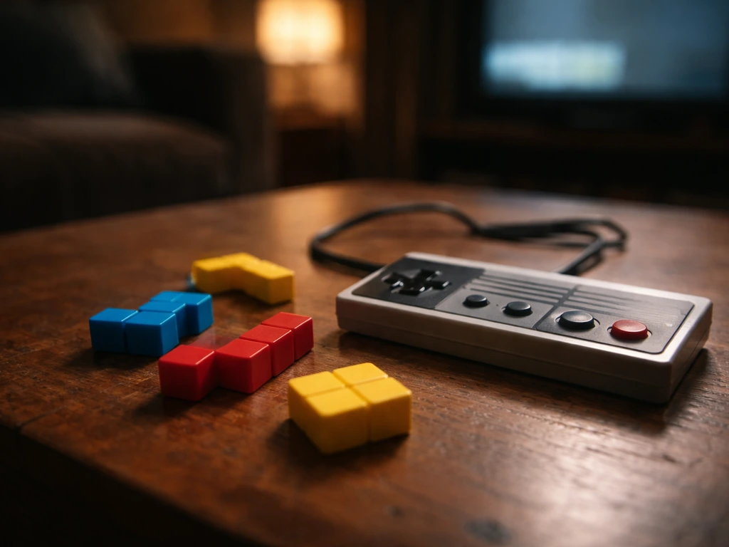 Close-up cinematic still of retro controller and colorful block pieces on a wooden table.