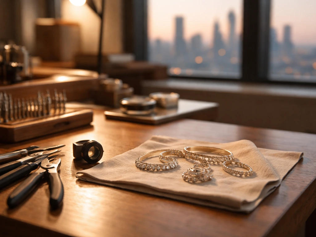 Minimal photo of a luxury jewelry workshop desk with tools and a blurred city skyline, symbolizing wealth and analysis