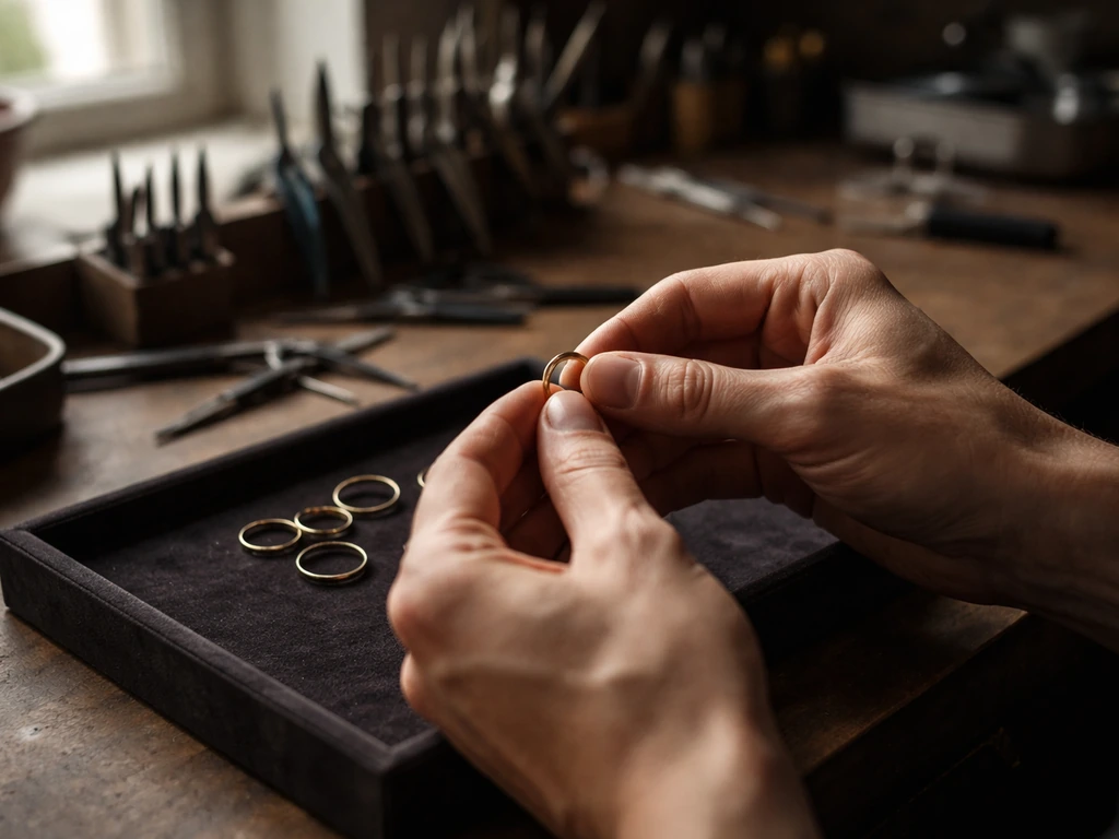 Anonymous jeweler’s hands holding a gold ring in a softly lit workshop with tools in the background.