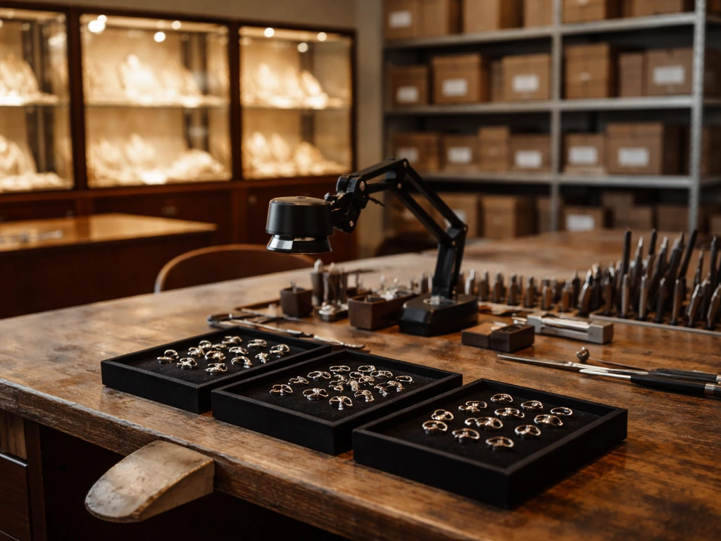 Well-lit jewelry workshop with display cases and unlabeled trays, tools on a workbench.