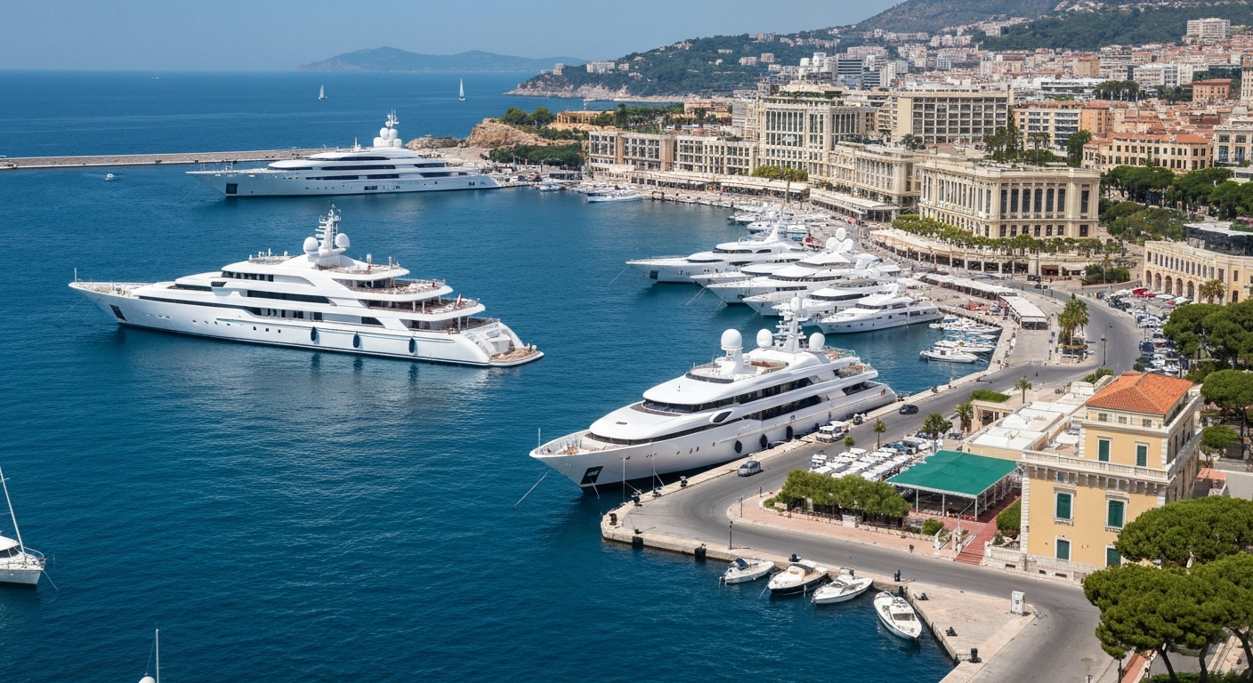 Monaco harbour showing large superyachts near Boulevard Albert I, illustrating Imperial Yachts' Monaco base