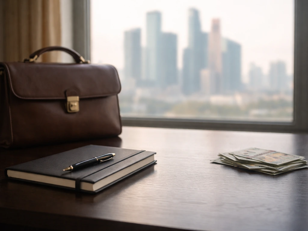 Empty luxury office desk with a banker’s briefcase and blurred city skyline, symbolizing finance and net-worth analysis.