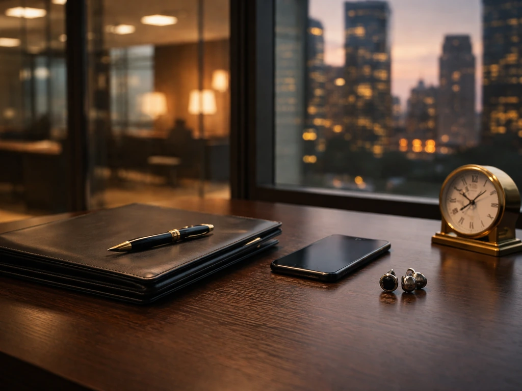 Minimal office scene with banker-style desk items suggesting Russian finance and banking