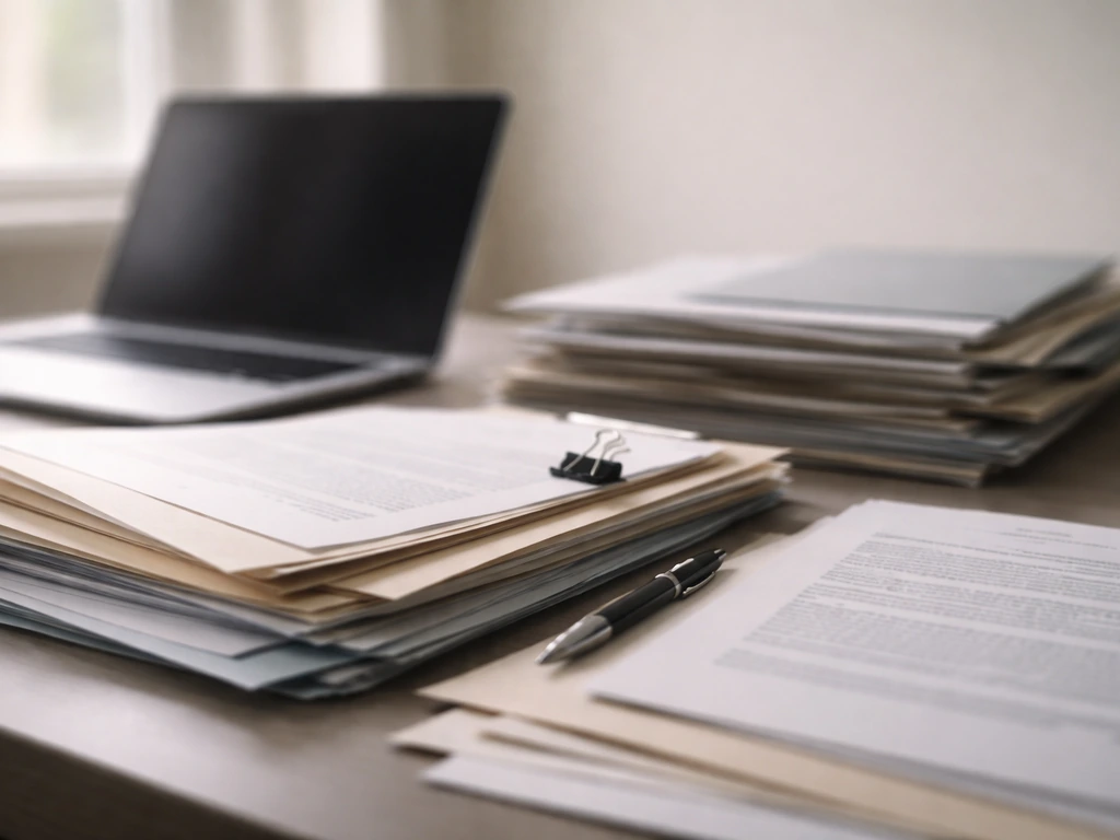 Minimal desk scene with documents and a laptop showing blurred evidence-style papers, symbolizing layered research.