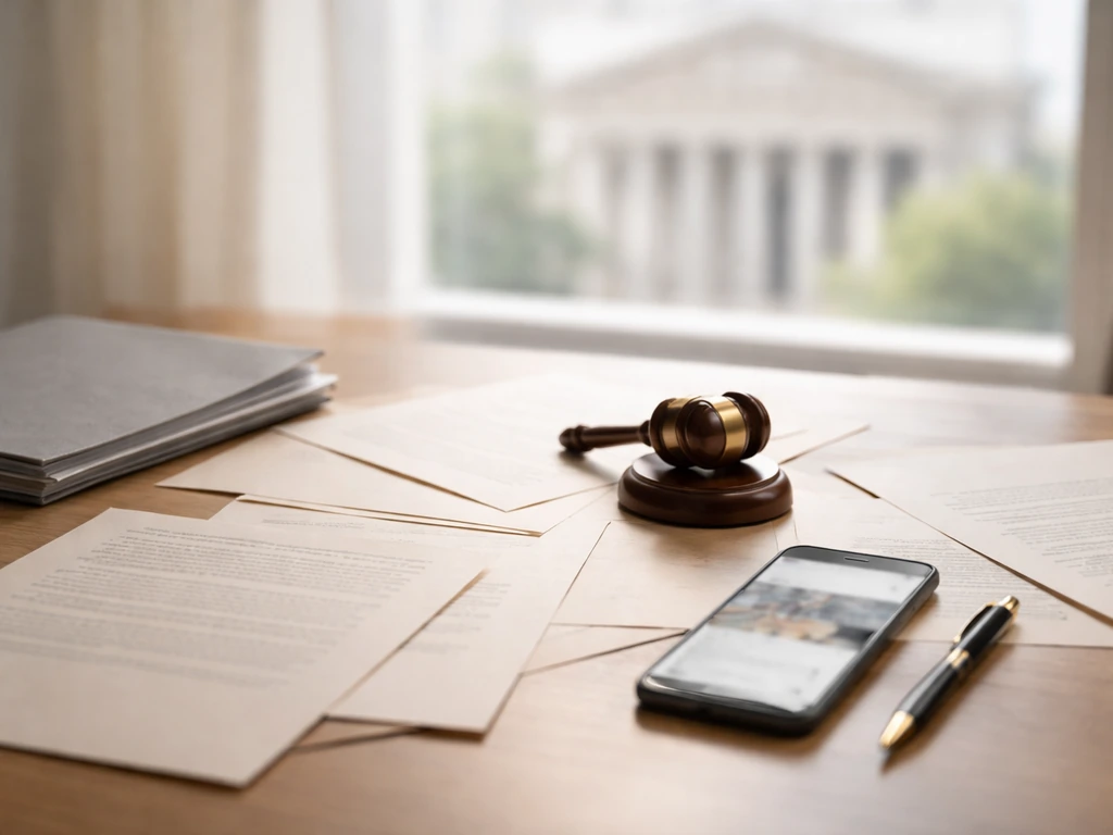Minimal desk scene with legal documents, gavel, and a blurred phone suggesting legal risk to finances.