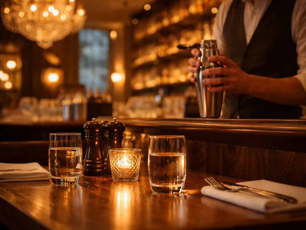 Warm upscale restaurant/bar interior with a bartender’s hands and luxury details, no identifiable people.
