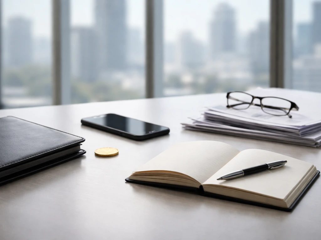 Minimal finance desk scene with gold coin, portfolio, blank papers, and city view through windows.