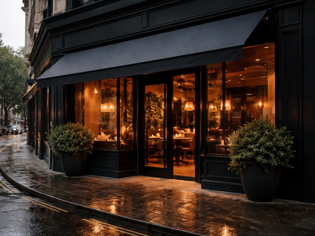 Street-level exterior of a London restaurant storefront with warm lights and wet pavement.