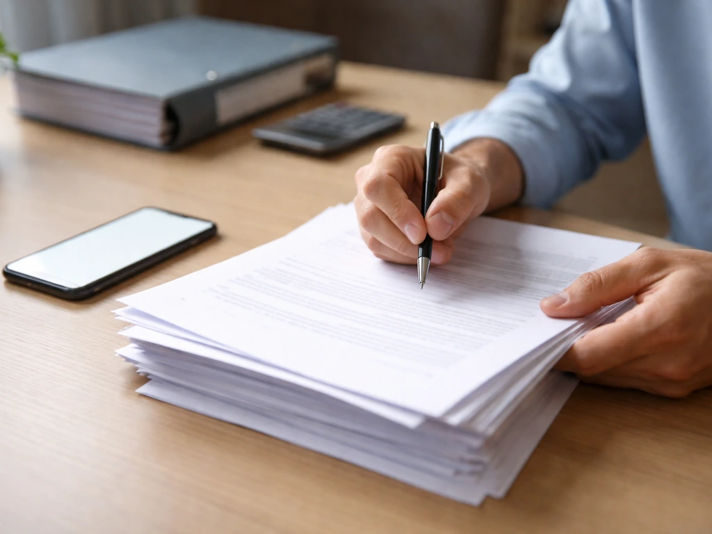 Person at desk reviewing corporate documents with smartphone and pen in natural light.