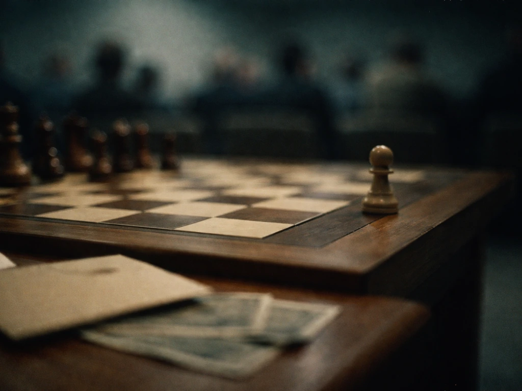 Vintage chess tournament atmosphere in 1970s Soviet-era style with a single pawn and dim matchroom light.