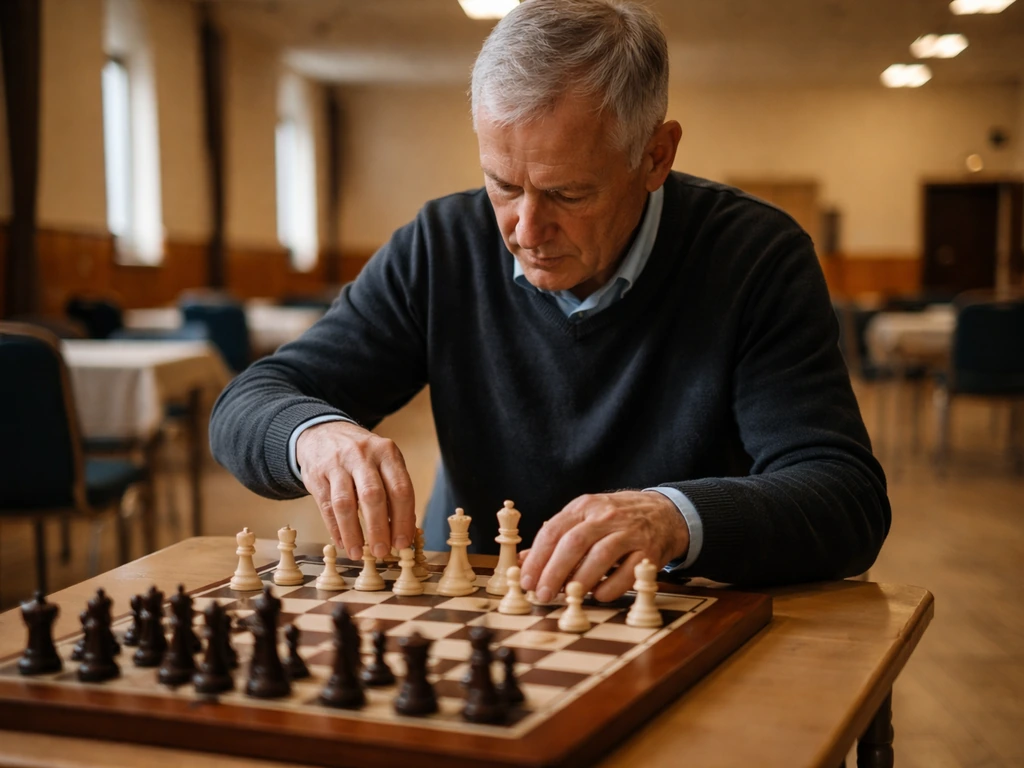 Anonymous chess player in a modest event hall with a chessboard, suggesting competitive coaching and ambassador work.