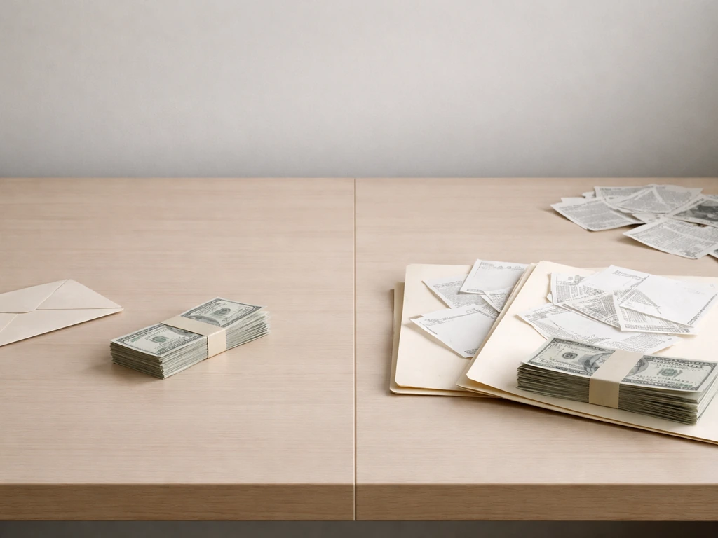 Simple split scene showing low and high money estimates with envelopes and blurred press clips, no people.