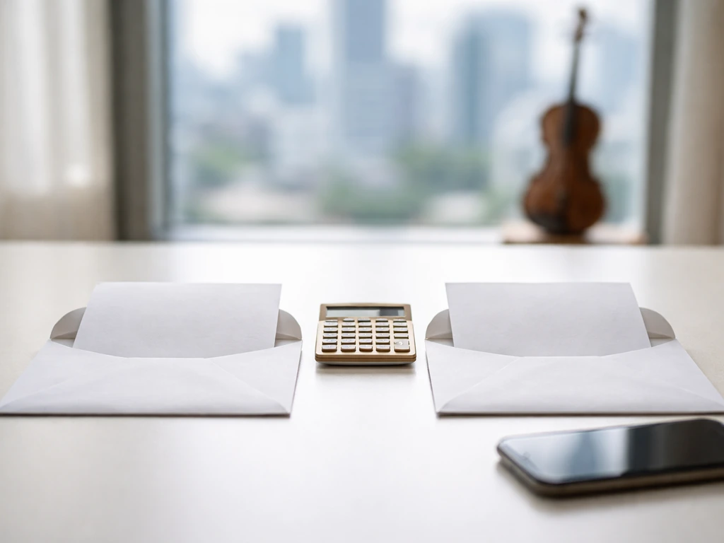 Minimal desk scene symbolizing two competing net-worth estimates with envelopes and a calculator