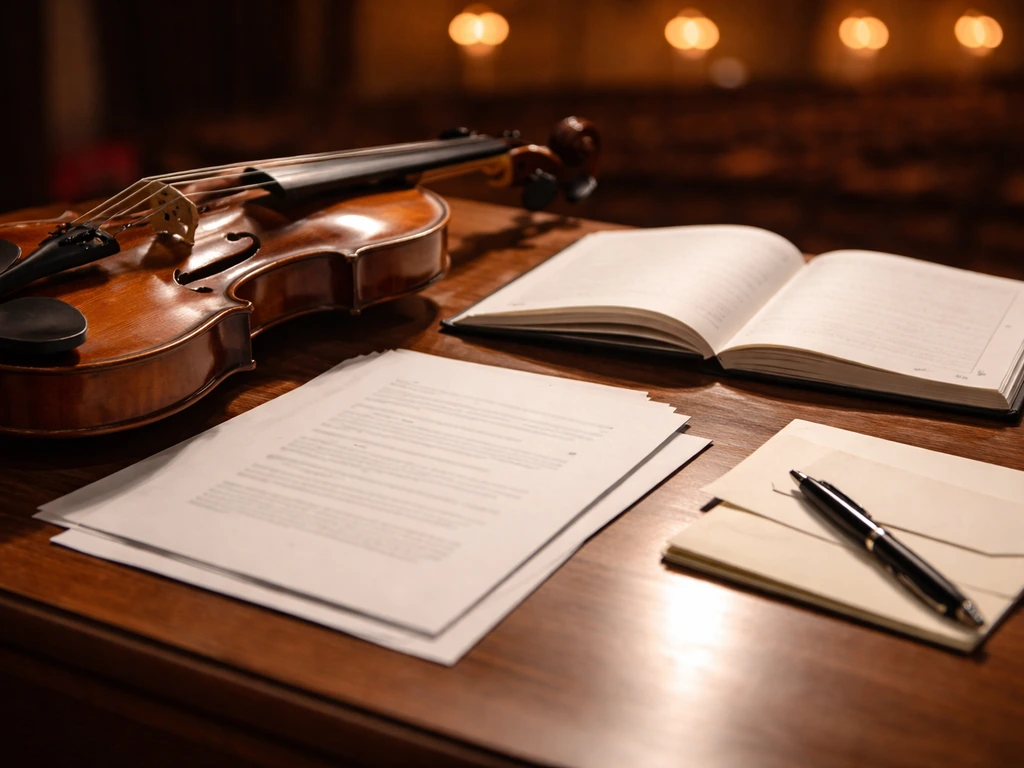 Close-up of a violin and bow on a desk with blank contract papers and pen, suggesting concert fees.