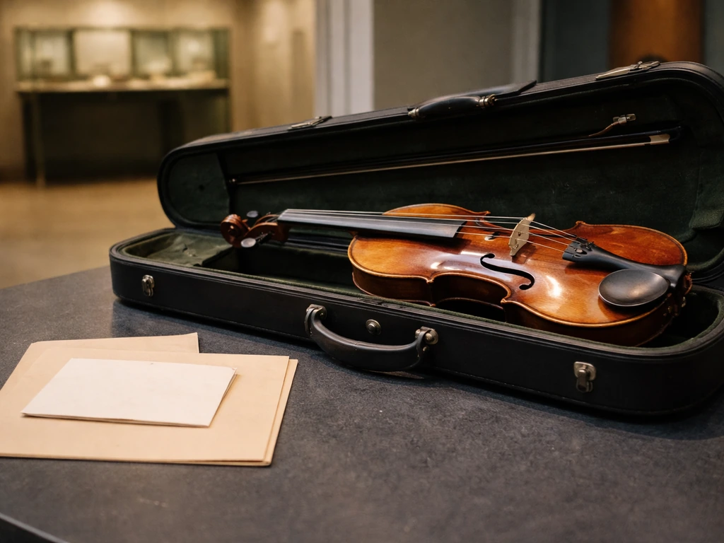 Ornate violin in an open case on a workbench with archival folder and envelope nearby, symbolic documentation check.