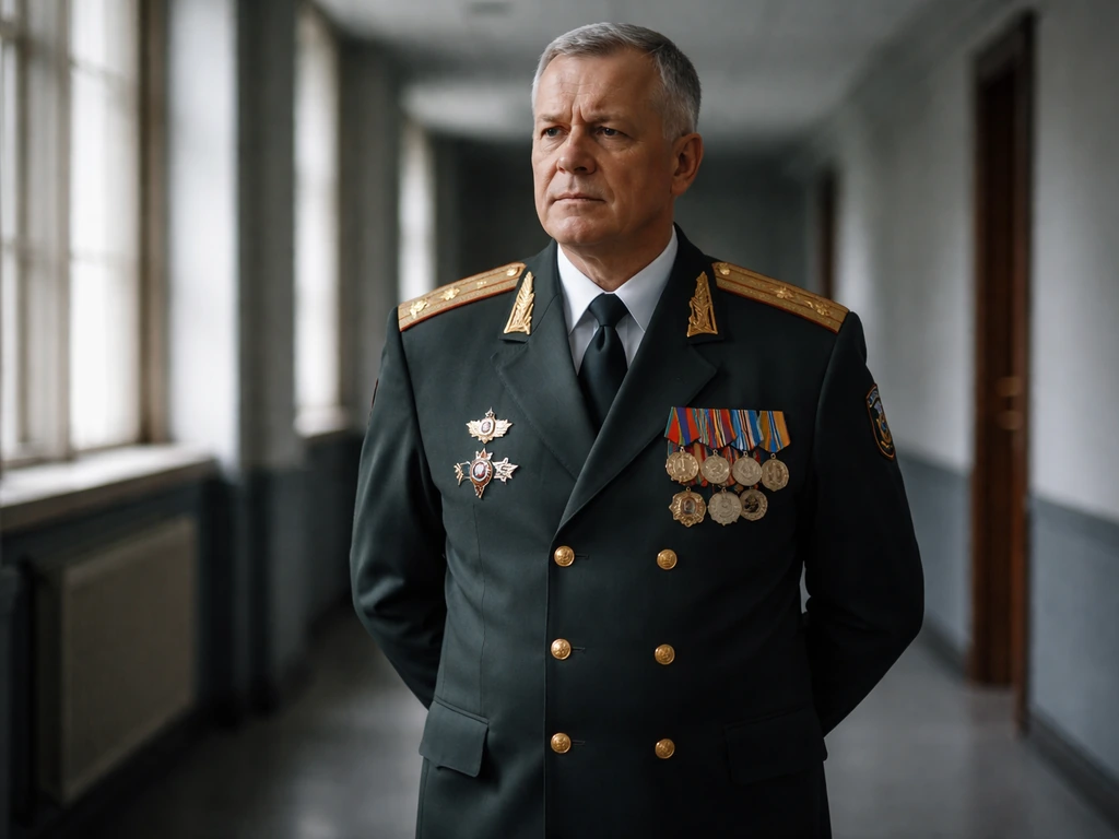 Russian military officer in uniform standing in a quiet office corridor, neutral background