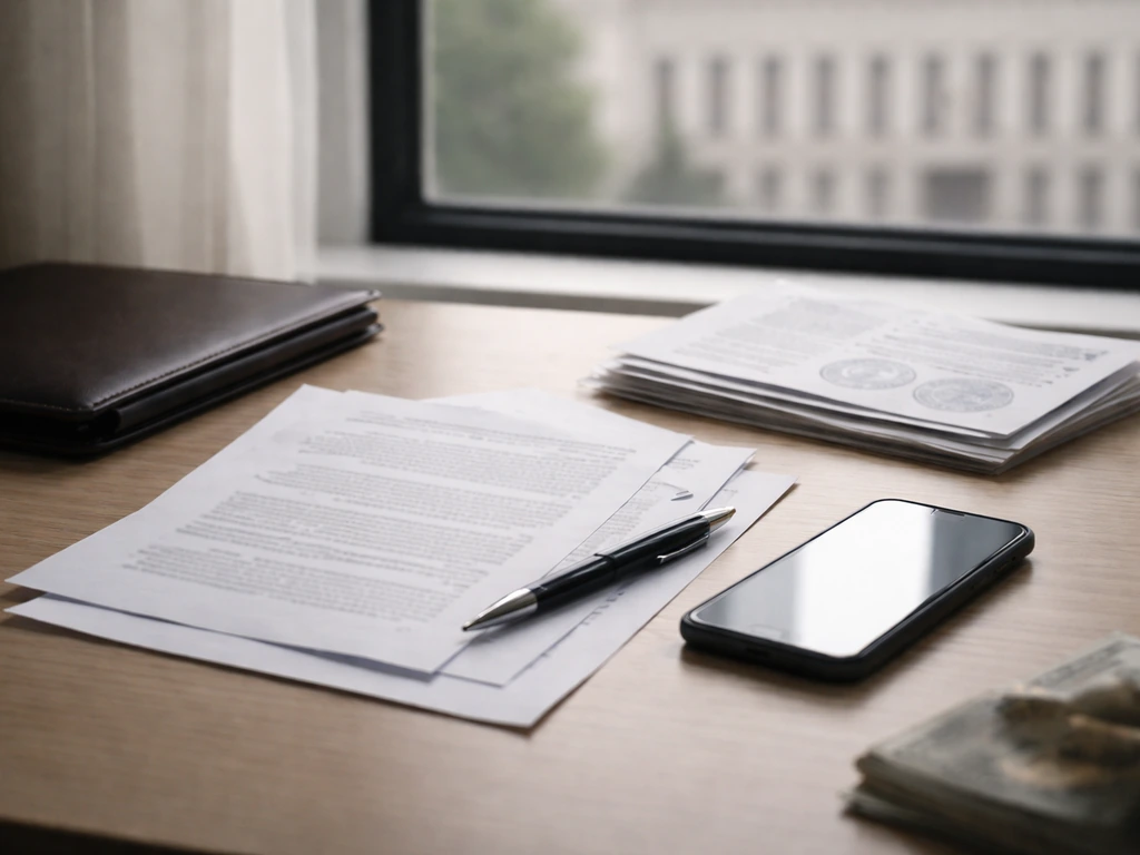 Minimal desk scene with blurred document pages and a phone, suggesting verifiable financial signals.