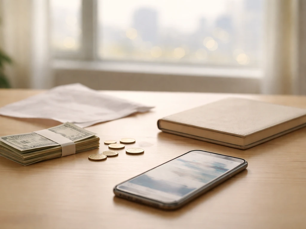 Sunlit office desk with cash bills and a smartphone showing a blurred financial news feed