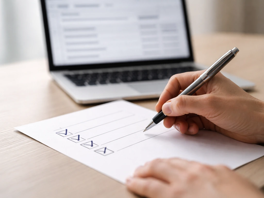 Close-up of hands ticking a checklist beside a laptop showing a sanctions-search style page, no readable text